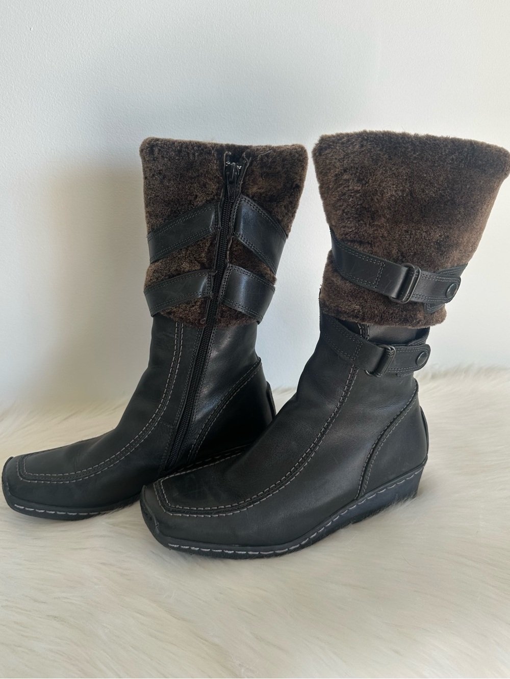 Pegabo Women's Dark Brown Winter Leather Mid-Calf Boots w/Faux Fur Upper Sz 8